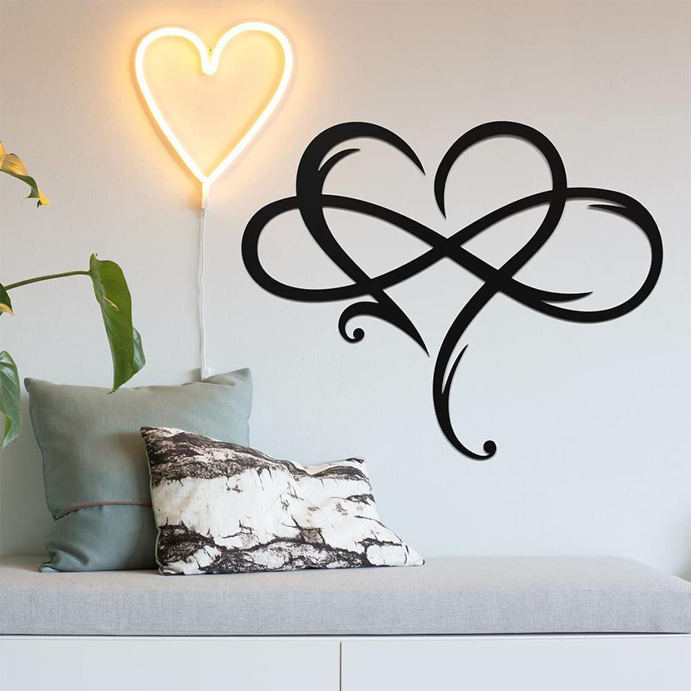 AOOLVY Infinity Heart Wall Decor, Unique Infinity Heart Metal Art Wall Decor Love Sign Steel Wall Plaques Bedroom Ornaments for Home Wedding Decor, Room Living Room Decoration (Black, 23.6x20.6inch)