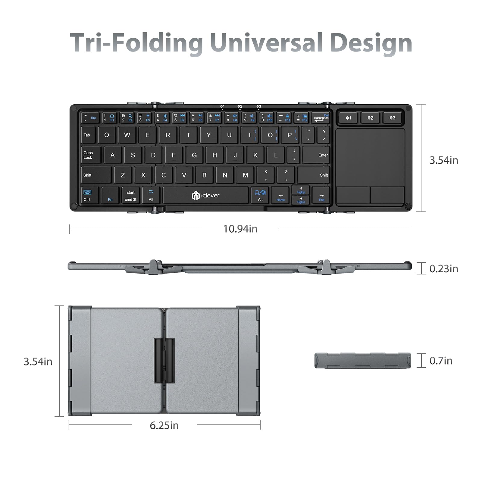 iClever Bluetooth Keyboard, BK08 Folding Keyboard with Sensitive Touchpad (Sync Up to 3 Devices), Pocket-Sized Tri-Folded Fodable Keyboard for Windows Mac Android iOS