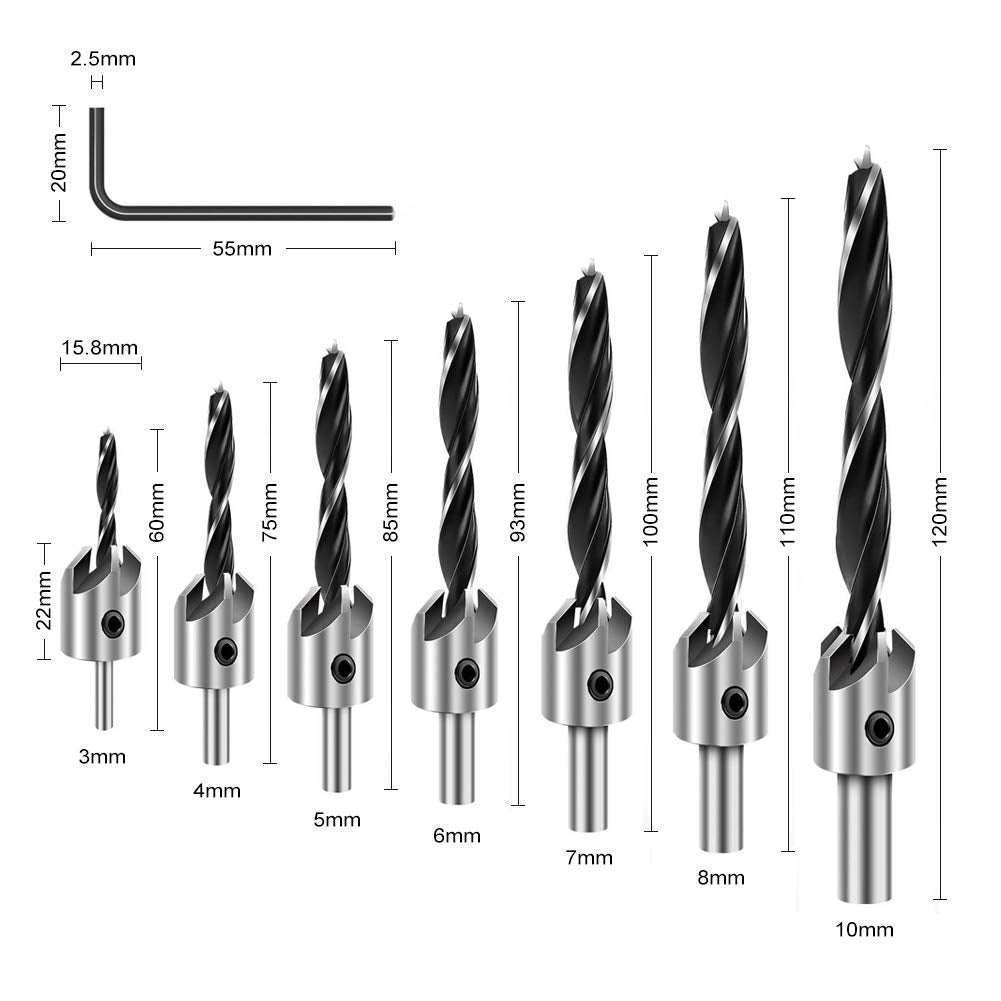 COMOWARE Countersink Drill Bits Set- 7Pcs Counter Sink Bit for Wood High Speed Steel, Woodworking Carpentry Reamer with 1 Free Hex Key Wrench