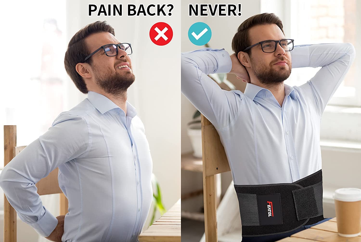 FEATOL Back Brace Support Belt-Lumbar Support Back Brace for Back Pain, Sciatica, Scoliosis, Herniated Disc Adjustable Support Straps-Lower Back Brace with Removable Lumbar Pad for Men & Women