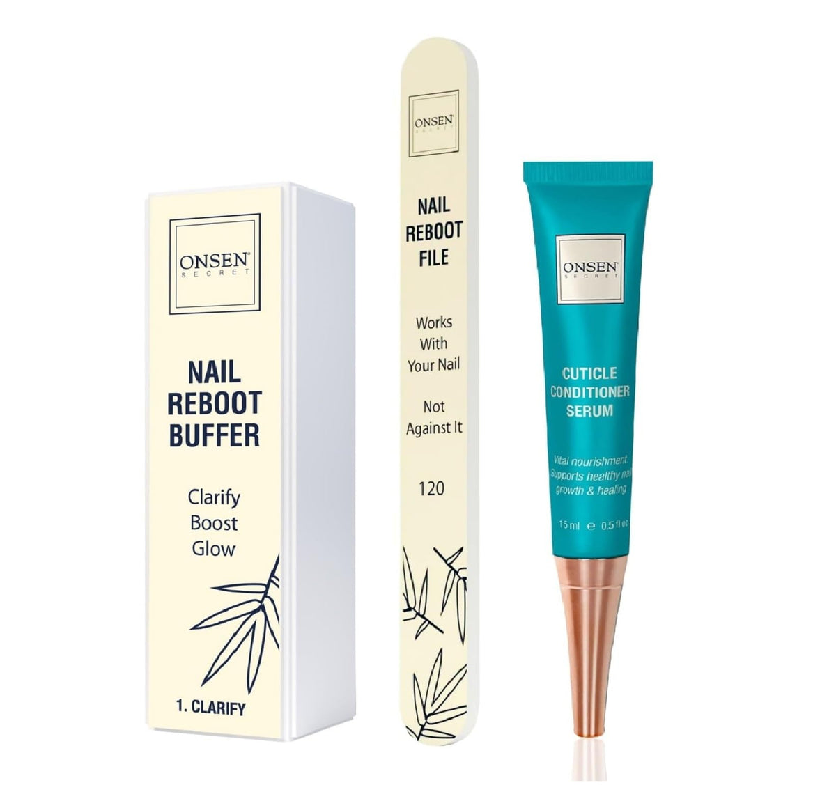 Onsen Secret Cuticle Cream Bundle, Double Sided Nail File 120/180 Grit, Nail Cuticle Oil - Japanese Natural Healing Minerals Nail Care Serum. (15ml + Buffer + Nail File)