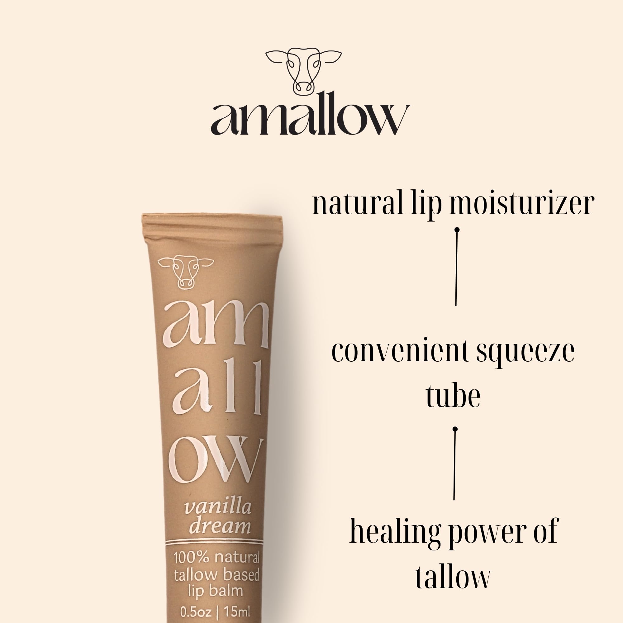 Amallow All Natural Tallow Lip Balm Squeezable Tube - Grass Fed/Finished Beef Tallow + Organic Beeswax & Vanilla Essential Oil .5 OZ (Vanilla Dream)