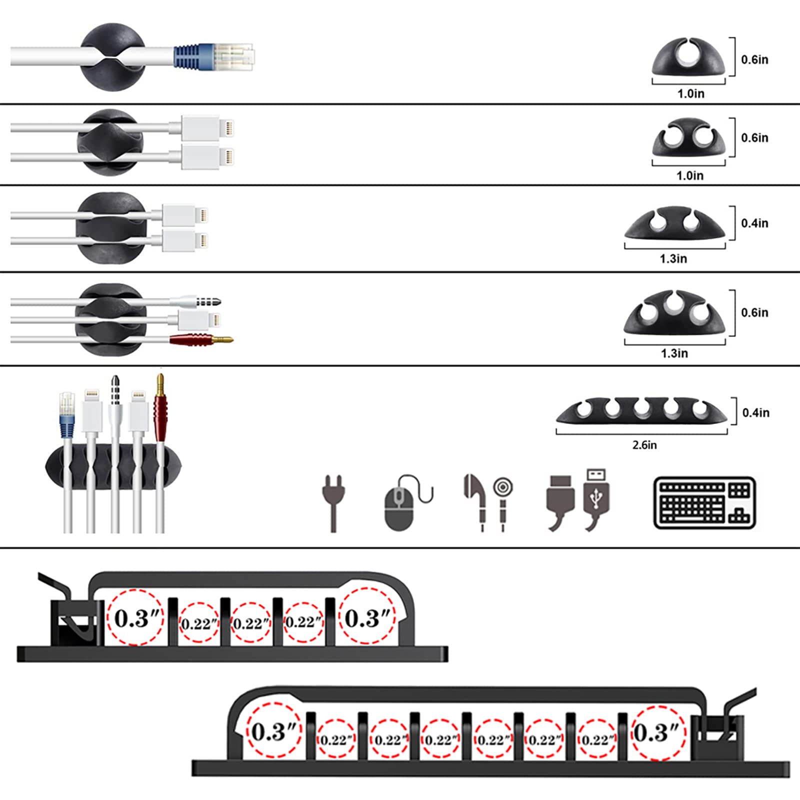 N NOROCME 192 PCS Cable Management Kit 4 Wire Organizer Sleeve,11 Cable Holder,35Cord Clips 10+2 Roll Cable Organizer Straps and 100 Fastening Cable Ties for Computer TV Under Desk, black,clear