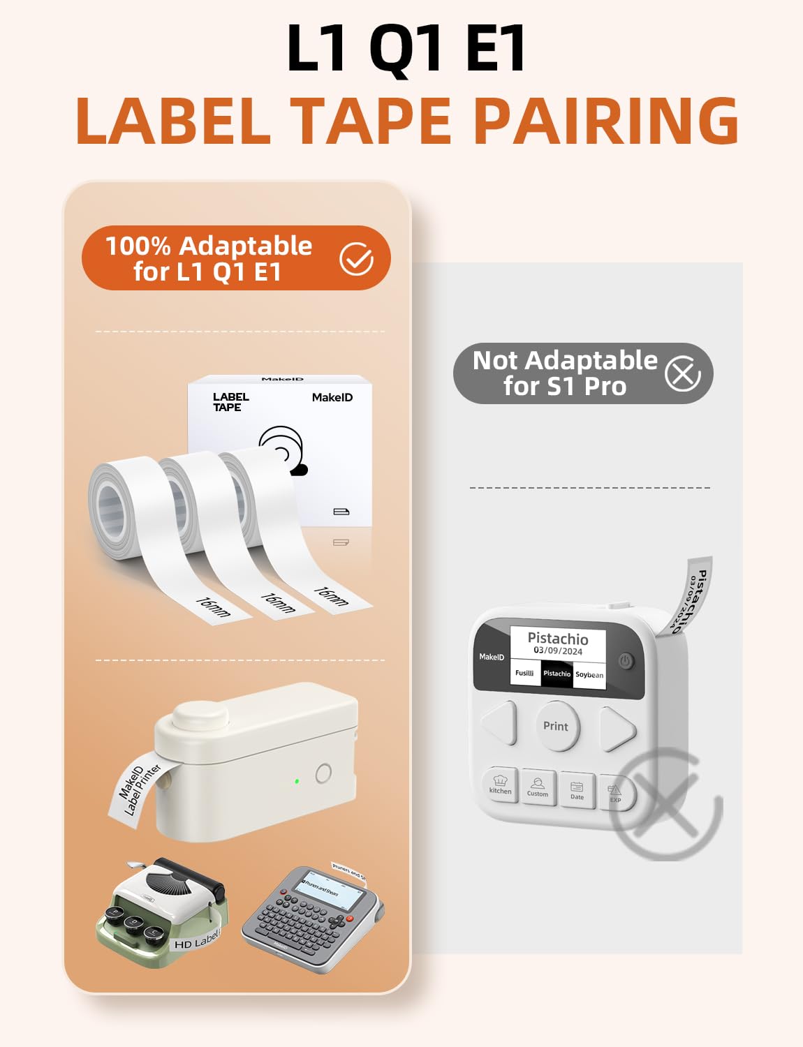 MakeID L1 E1 Q1 Label Maker Tape Adapted Label Print Paper Refills Standard Laminated Office Labeling Tape Replacement 0.63 inch x 13' (16mm x 4m) Work with Model E1 L1 Q1