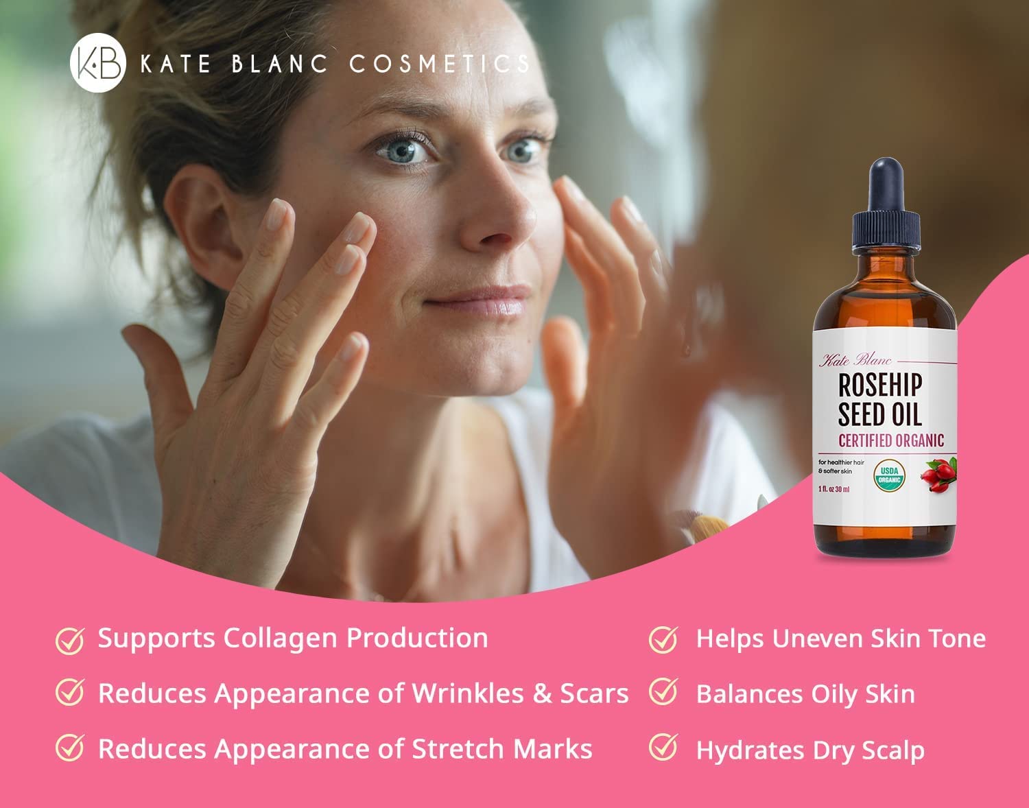 Kate Blanc Cosmetics Rosehip Oil for Face & Skin (1 oz) USDA Organic Rosehip Seed Oil for Gua Sha Massage & Essential Face Oil. 100% Pure, Cold Pressed Rose Hip Oil for Acne Scars & Facial Oil