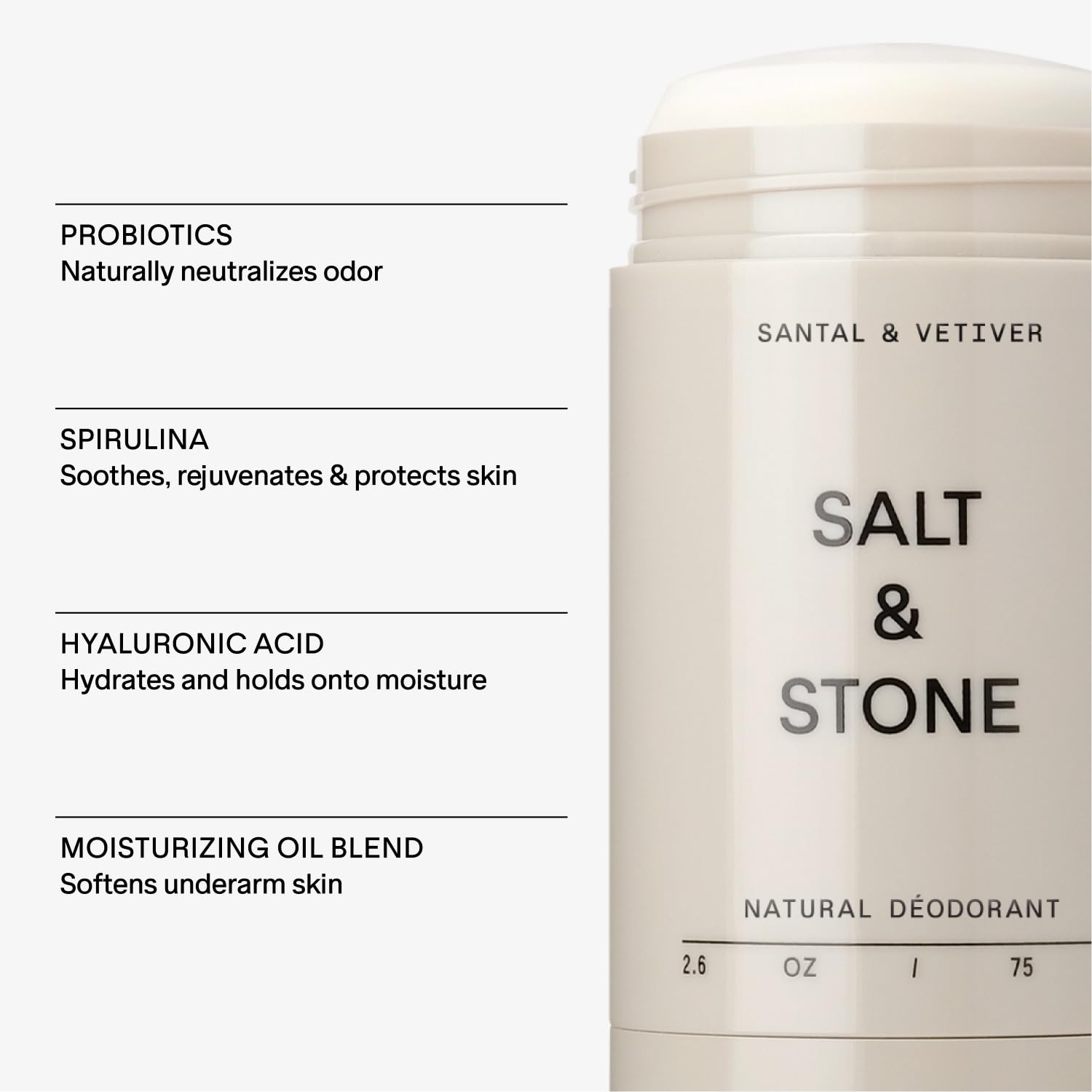 SALT & STONE Natural Deodorant - Santal & Vetiver | Extra Strength Natural Deodorant for Women & Men | Aluminum Free with Seaweed Extracts, Shea Butter & Probiotics | Free From Parabens & Sulfates