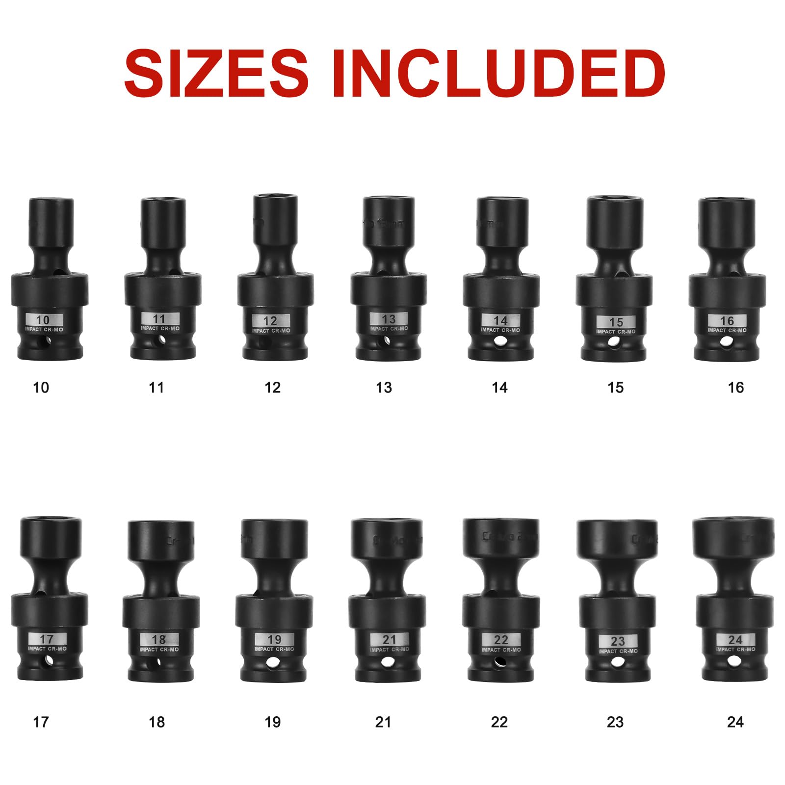 AOBEN 18 PCS 1/2" Drive Shallow Universal Impact Socket Set, Swivel Socket with Flexible Wobble, 6 Point, Metric,10-24mm,Cr-V Steel, Includes Extension Bars and Adapter