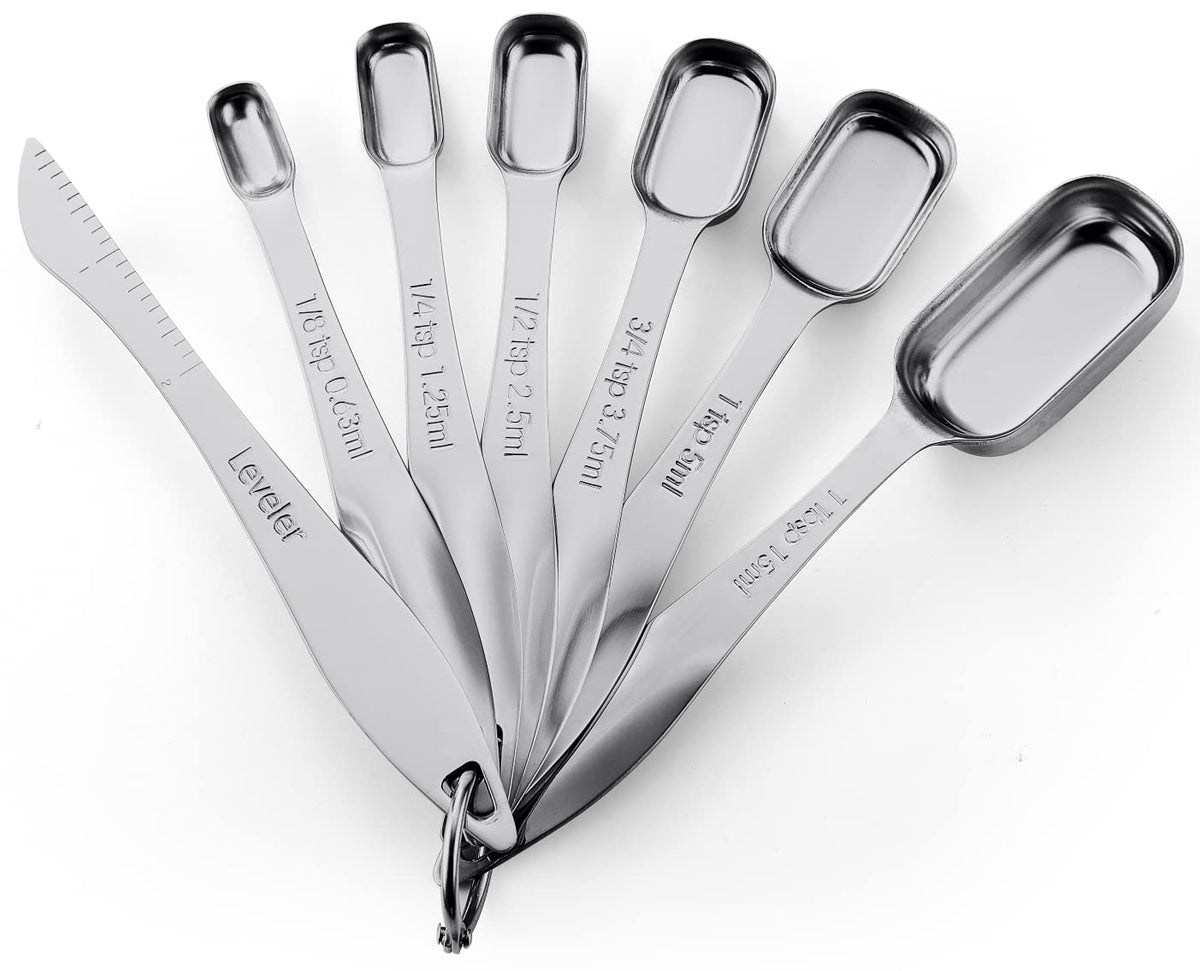Spring Chef Stainless Steel Measuring Spoons Set of 7 with Leveler, Rectangular Metal Teaspoon & Tablespoon Measuring Spoons for Dry & Liquid Ingredients - Nesting Kitchen Gadgets For Baking & Cooking