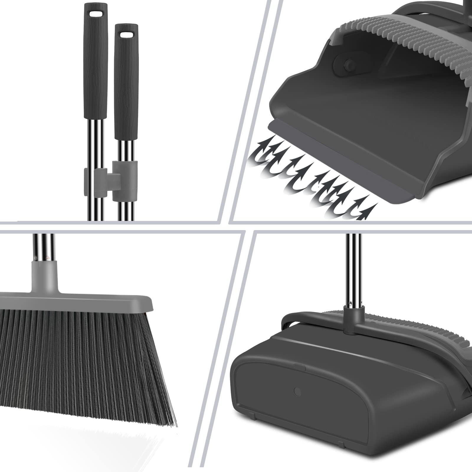 kelamayi Broom and Dustpan Set for Home, Office, Indoor&Outdoor Sweeping, Stand Up Broom and Dustpan (Black&Gray)