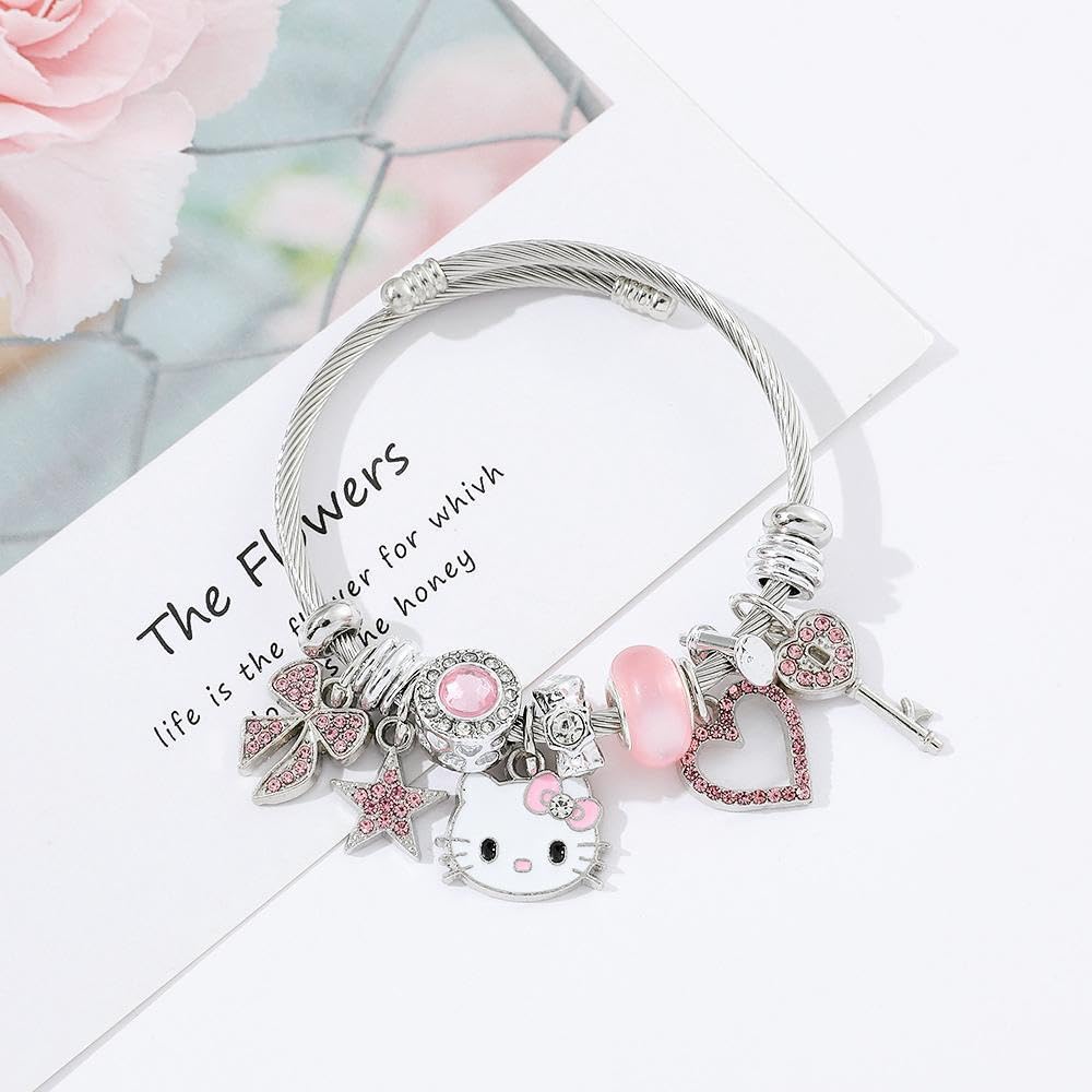 Aimery Kitty Charms Bracelets Kawaii Bangle Bracelets Cartoon Adjustable Bracelet Cubic Zirconia Adorable Accessories for Wife Girlfriend Jewelry Gifts