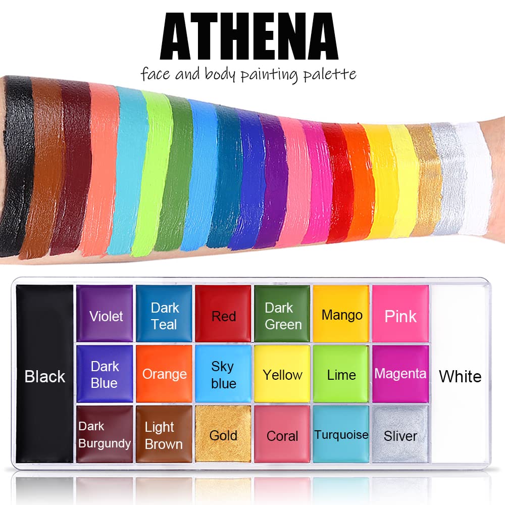 UCANBE Athena Face Body Painting Kit - 20 Color Large Deep Pan Paint, 24 Stencils, 2pcs Brushes, Professional Oil Based SFX Makeup Palette for Art, Theater, Halloween, Parties and Cosplay