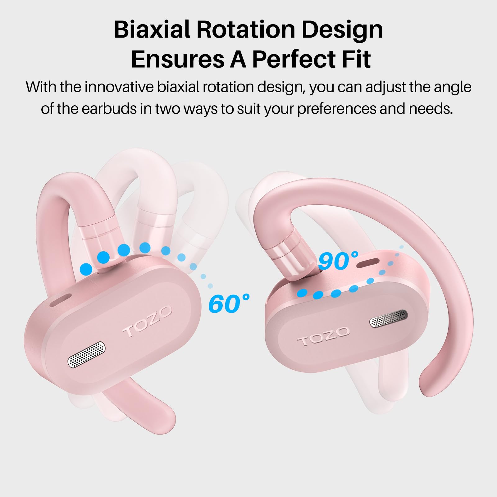 TOZO Open Buds Lightweight True Wireless Earbuds with Multi-Angle Adjustment, Bluetooth 5.3 Headphones with Open Ear Dual-Axis Design for Long-Lasting Comfort, Crystal-Clear Calls for Driving, Pink