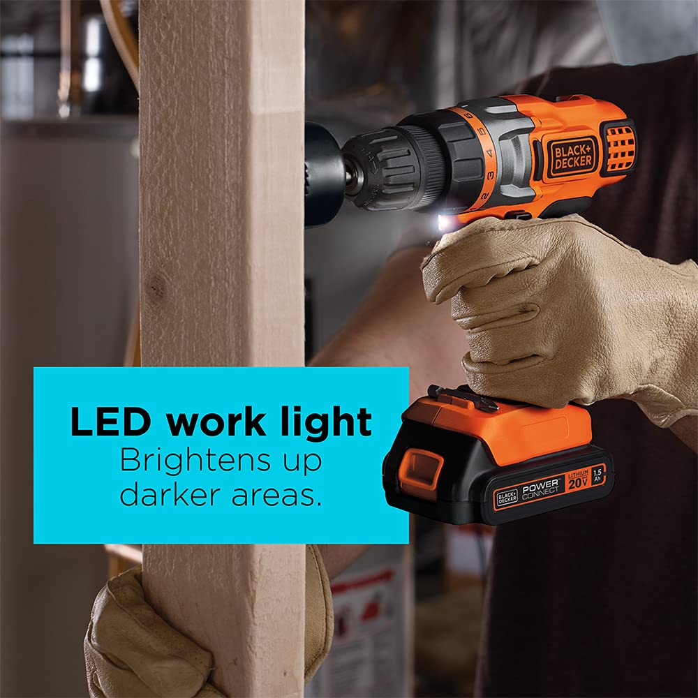 BLACK+DECKER 20V MAX Cordless Drill Driver with Battery and Charger, LED Work Light (LDX220C)