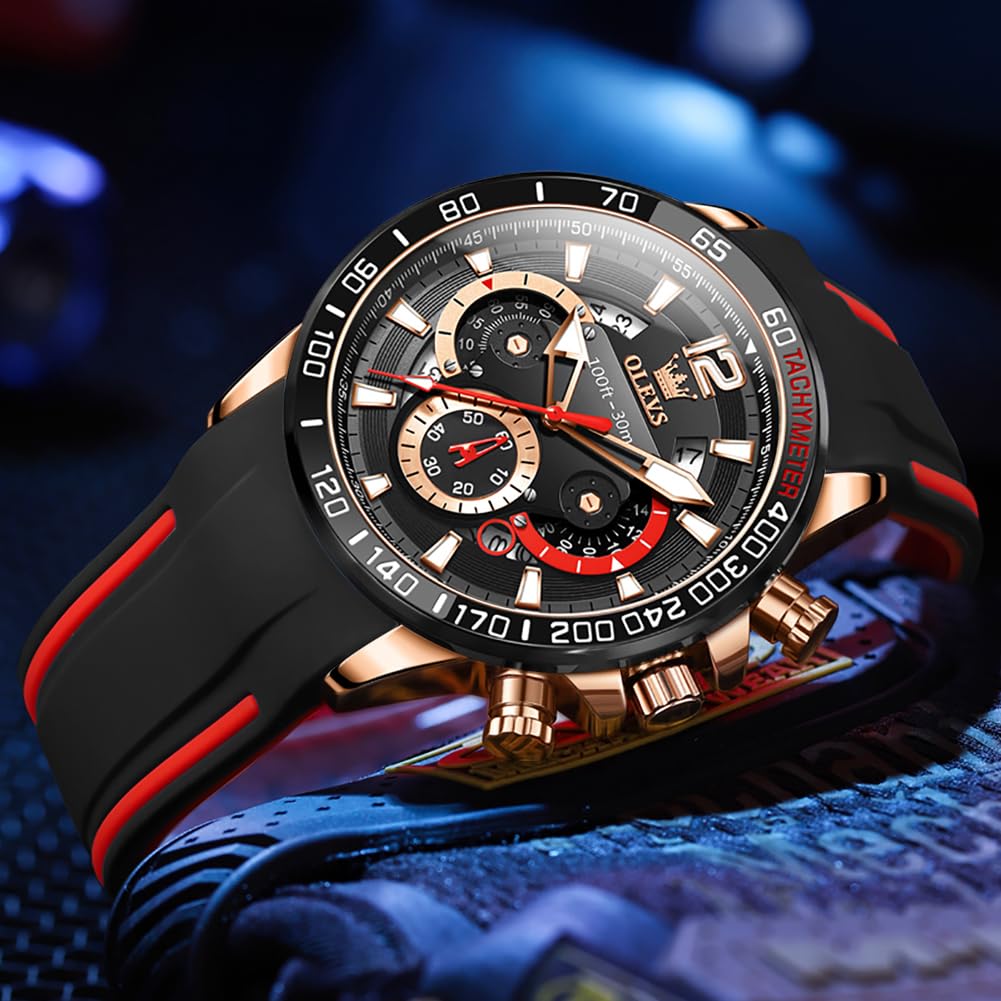 OLEVS Mens Black Watches Pro Diver Large Waterproof Chronograph Watch Luminous Silicon Strap Casual Watches for Men Reloj De Hombre Business Wrist Watch