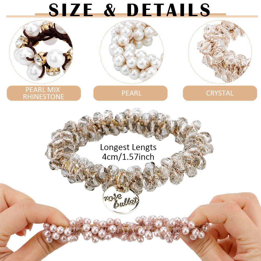 Ahoney 9Pcs Pearl Hair Ties Elastic Hair Scrunchies Hold Crystal Beads Bulk Hair Ropes Stretchy Handmade Boho Hair Accessories for Women Girls (Pearl&Crystal)