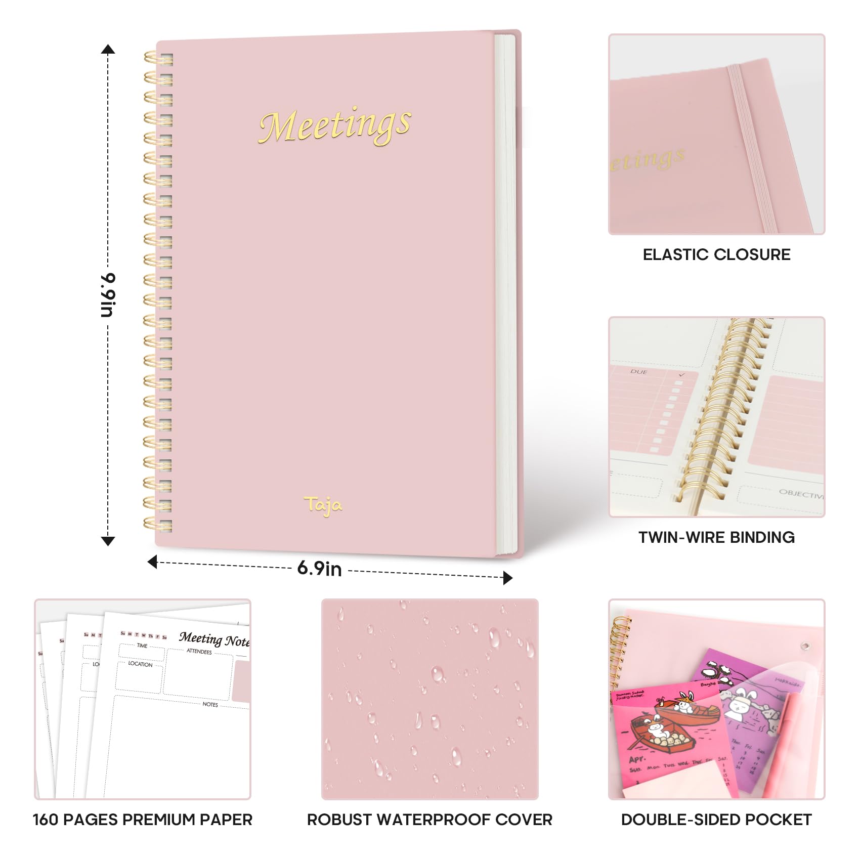 Meeting Notebook For Work Organization - Work Planner Notebook With Action Items, Agenda Planner For Note Taking, 160Pages (6.9" X 9.9") Project Planner For Men & Women - Pink