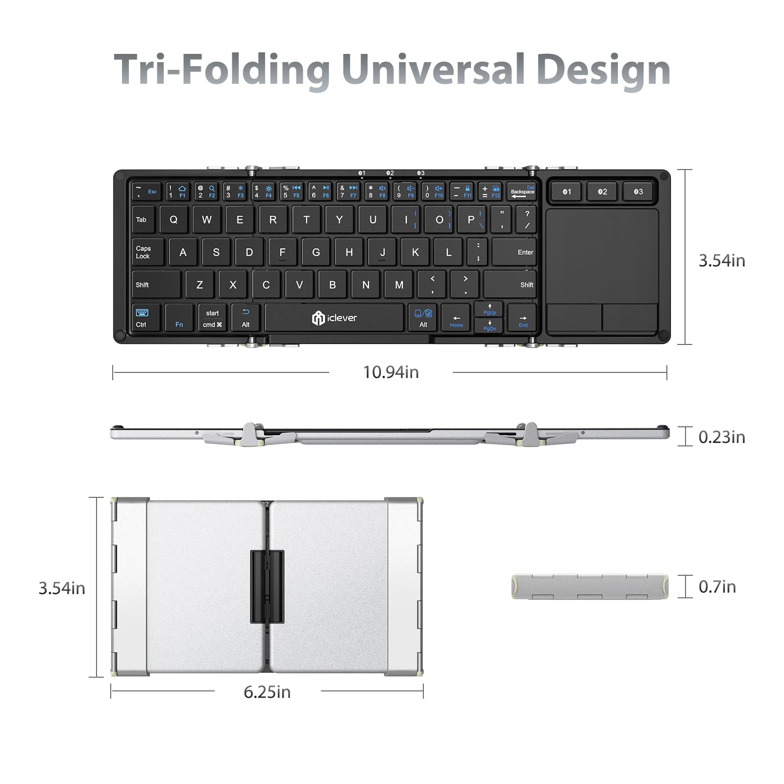 iClever Foldable Bluetooth Keyboard, BK08 Folding Keyboard with Touchpad, Aluminum Build, USB-C Charge, Travel Wireless Keyboard with Stand Holder for iPad, iPhone, Smartphone and Tablet