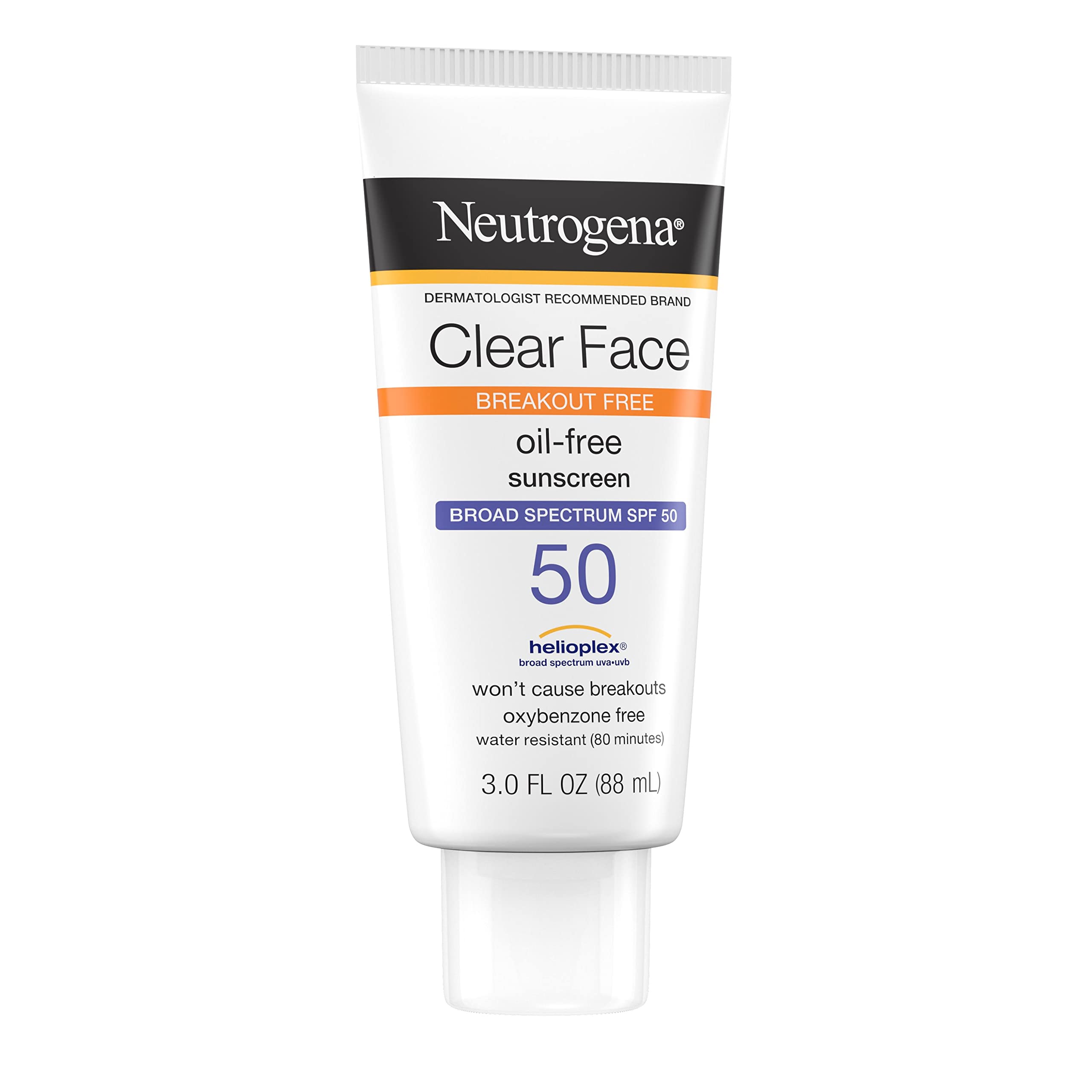 Neutrogena Clear Face Liquid Lotion Sunscreen for Acne-Prone Skin, Broad Spectrum SPF 50 UVA/UVB Protection, Oil-, Fragrance- & Oxybenzone-Free Facial Sunscreen, Non-Comedogenic, 3 fl. oz