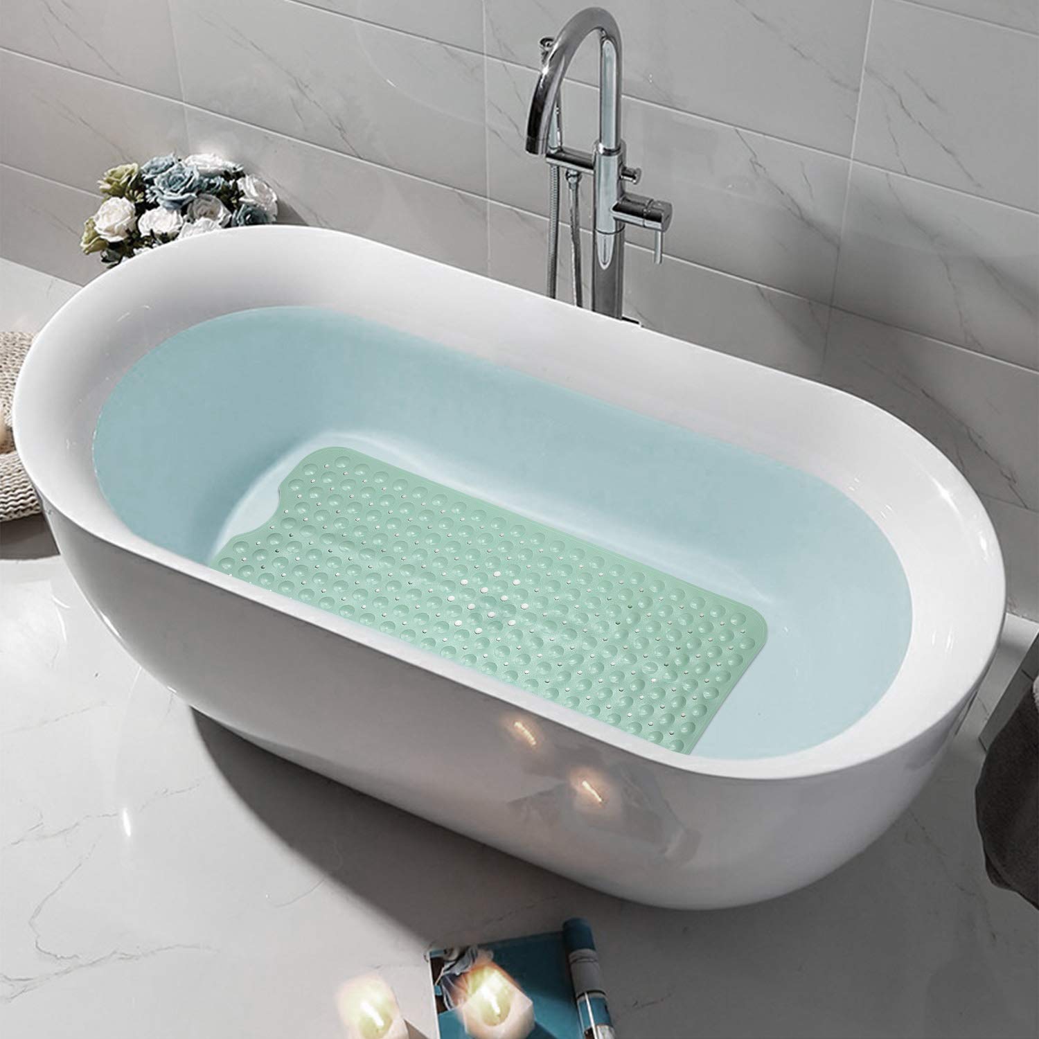 YINENN Bath Tub Shower Mat 40 x 16 Inch Non-Slip and Extra Large, Bathtub Mat with Suction Cups, Machine Washable Bathroom Mats with Drain Holes, Light Green