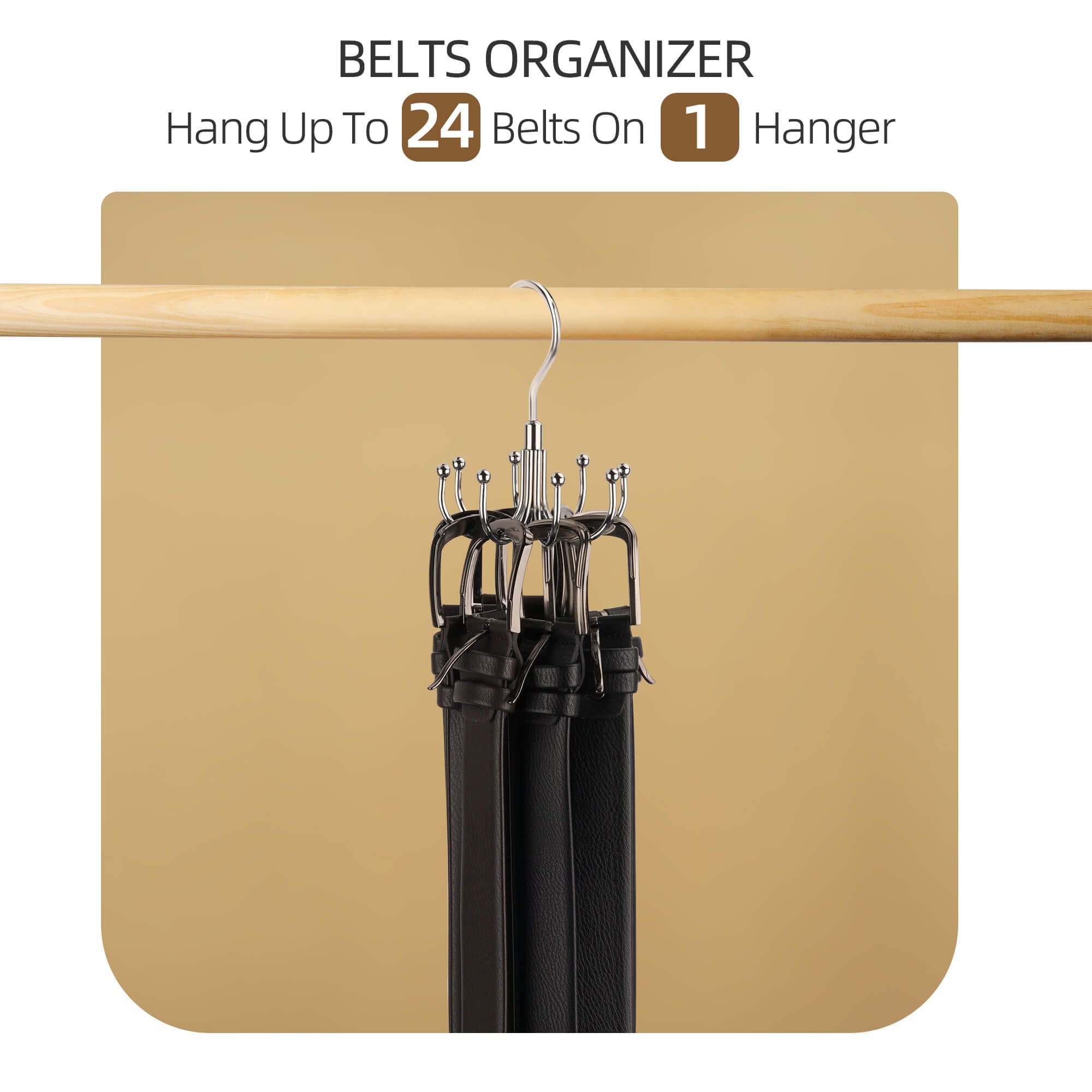 ZEDODIER Belt Hanger, Rotatable Belt Rack Closet Accessories Organizer, Maximum 24 Storage Capacity, Hanging Holder Storage Hook for Belt, Bra, Tank Top, Tie, Scarf, Purse, Silver