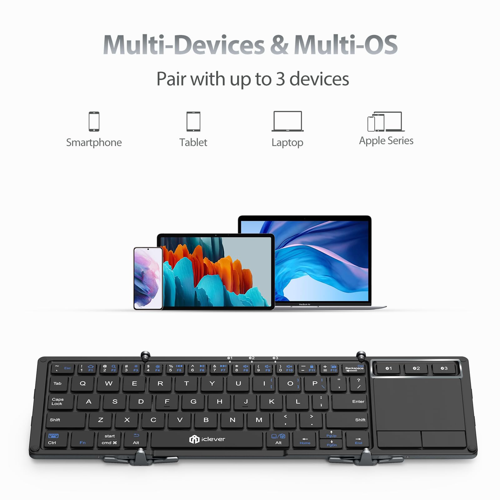 iClever Bluetooth Keyboard, BK08 Folding Keyboard with Sensitive Touchpad (Sync Up to 3 Devices), Pocket-Sized Tri-Folded Fodable Keyboard for Windows Mac Android iOS