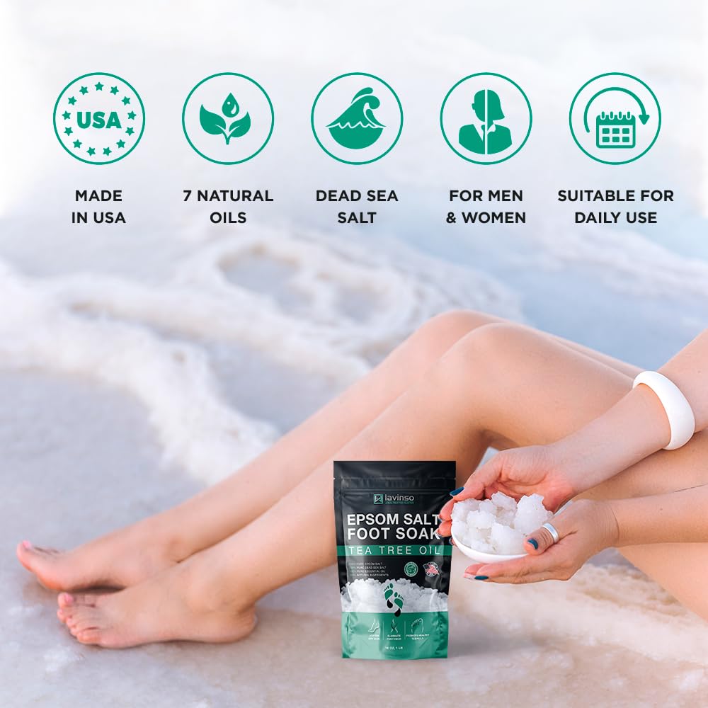 Tea Tree Oil Foot Soak with Epsom Salt - Made in USA - for Toenail Health, Athletes Foot, Stubborn Foot Odor, Softens Calluses & Soothes Sore Tired Feet - 1 LB