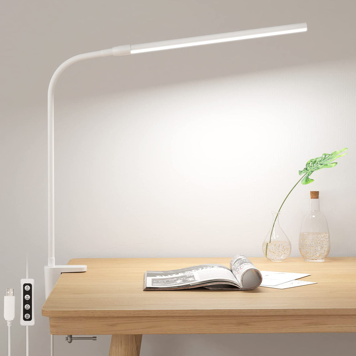 Lepro Desk Lamp with Clamp, LED Reading Lamp with 3 Color Modes 10 Brightness, Dimmable USB Clip on Desk Light with Gooseneck Swing Arm for Bed Headboard, Workbench, Home Office and Nail (White)