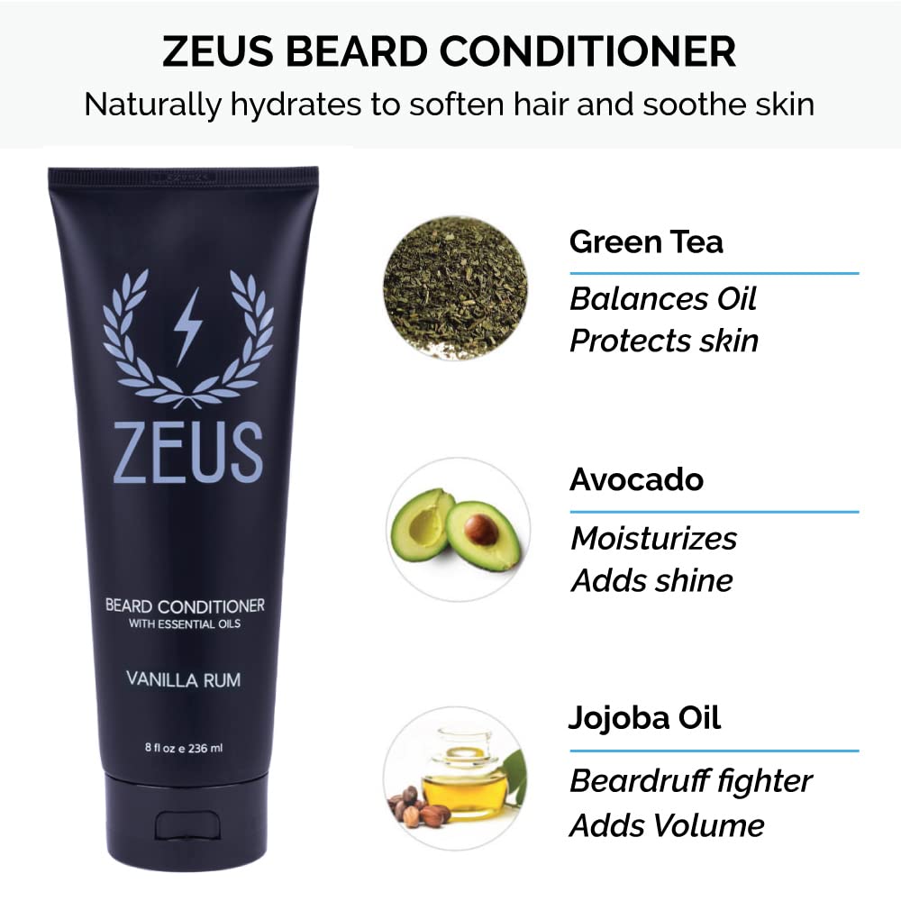 ZEUS Beard Wash & Beard Conditioner Set with Travel Dopp Bag, Daily Hydrating Beard Shampoo & Beard Conditioner with Toiletry Bag (Vanilla Rum) MADE IN USA