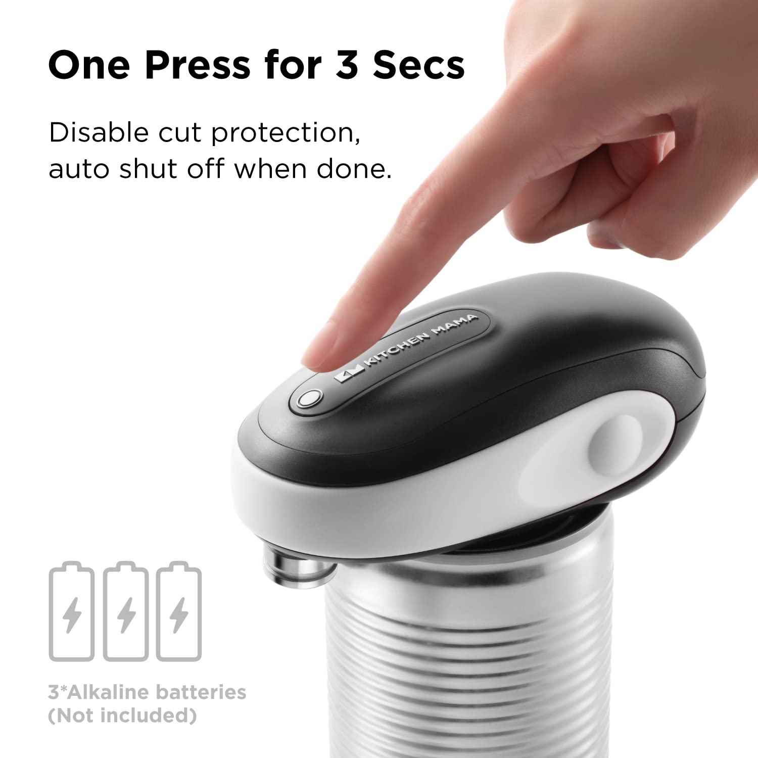 Kitchen Mama One-To-Go Electric Can Opener: Open Cans with One Press- Auto Detect Any Can Shapes, Auto-Stop As Task Completes, Smotth Edge, Handy with Lid Lift, Battery Operated Can Opener (White)