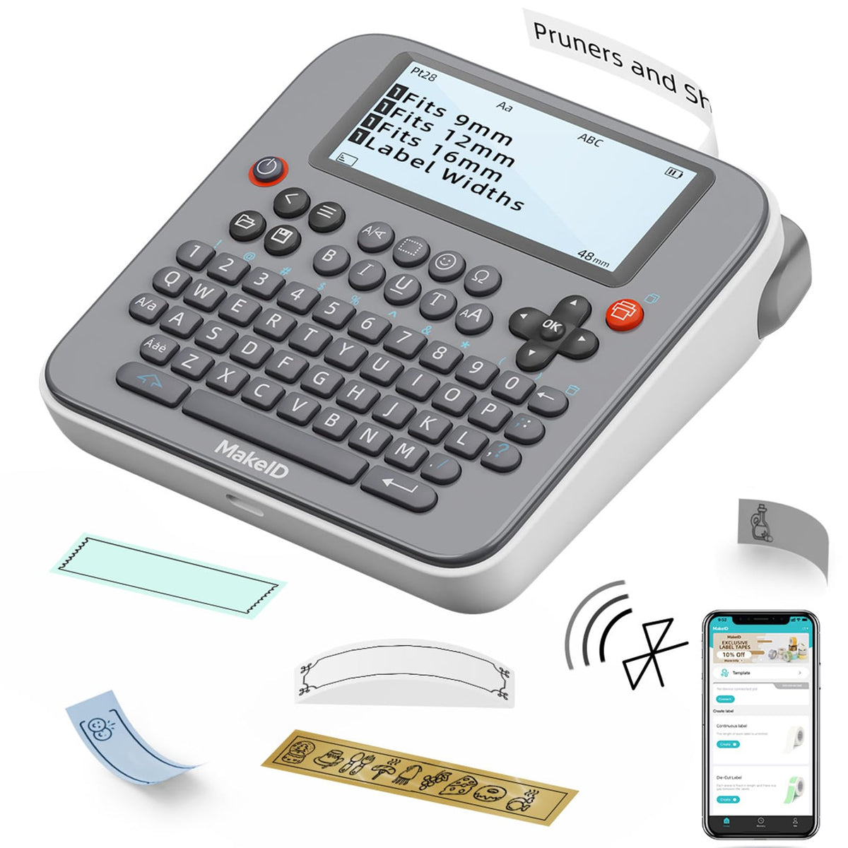 Makeid Label Maker E1 - Bluetooth Rechargeable Label Maker Machine - QWERTY Keyboard Labeler, 3.4" Backlighting LCD Screen - Prints 9~16mm & Label Margin <=1mm