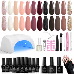 Beetles Gel Nail Polish Kit with Uv Light,12 Colors Gel Nail Kits Micky White Neutral Pink Gray Glitter Soak off Nail Lamp with Base Gel Top Coat Manicure Kits Diy Home Nail Art