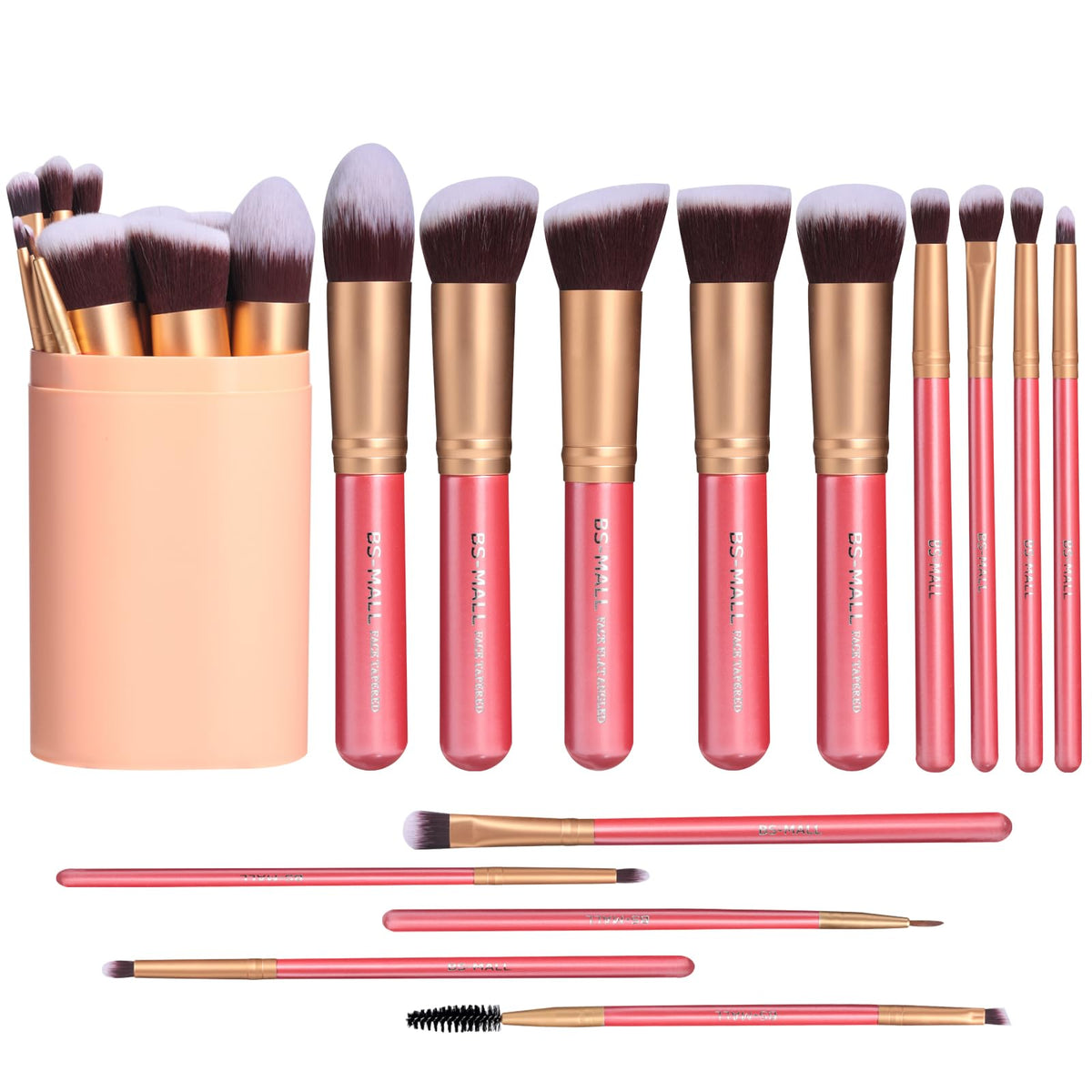 BS-MALL New 14 Pcs Makeup Brushes Premium Synthetic Kabuki Makeup Brush Set Cosmetics Foundation Blending Blush Eyeliner Face Powder Brush Makeup Brush Kit(golden Pink)