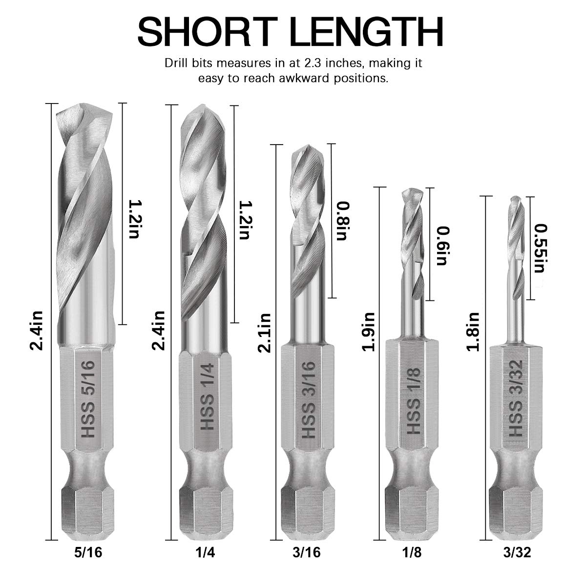 COMOWARE Stubby Drill Bit Set for Metal, 5pcs HSS M2 Short Length Drill Bit with 1/4-Inch Quick Change Hex Shank