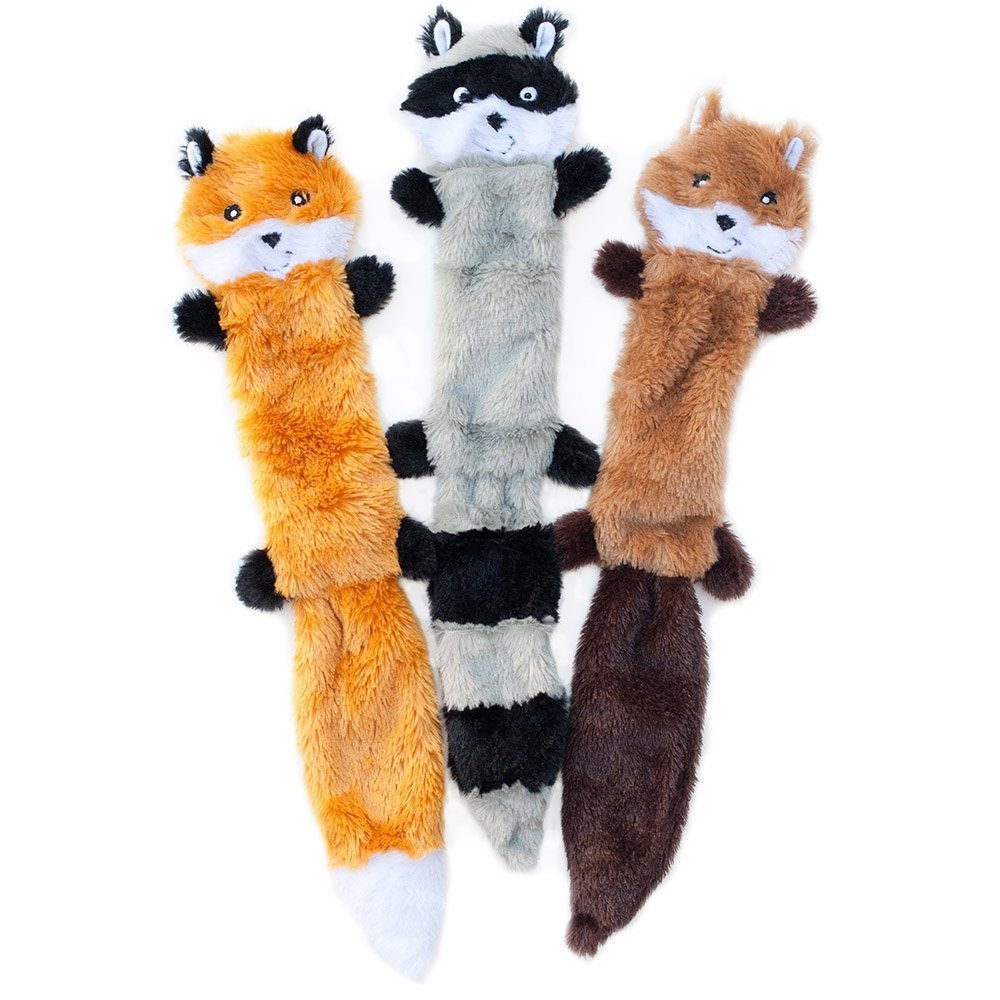 ZippyPaws Skinny Peltz - Fox, Raccoon, & Squirrel - No Stuffing Squeaky Dog Toys, Unstuffed Chew Toy for Small & Medium Breeds, Bulk Multi-Pack of 3 Soft Plush Toys, Flat No Stuffing Puppy Toys - 18"