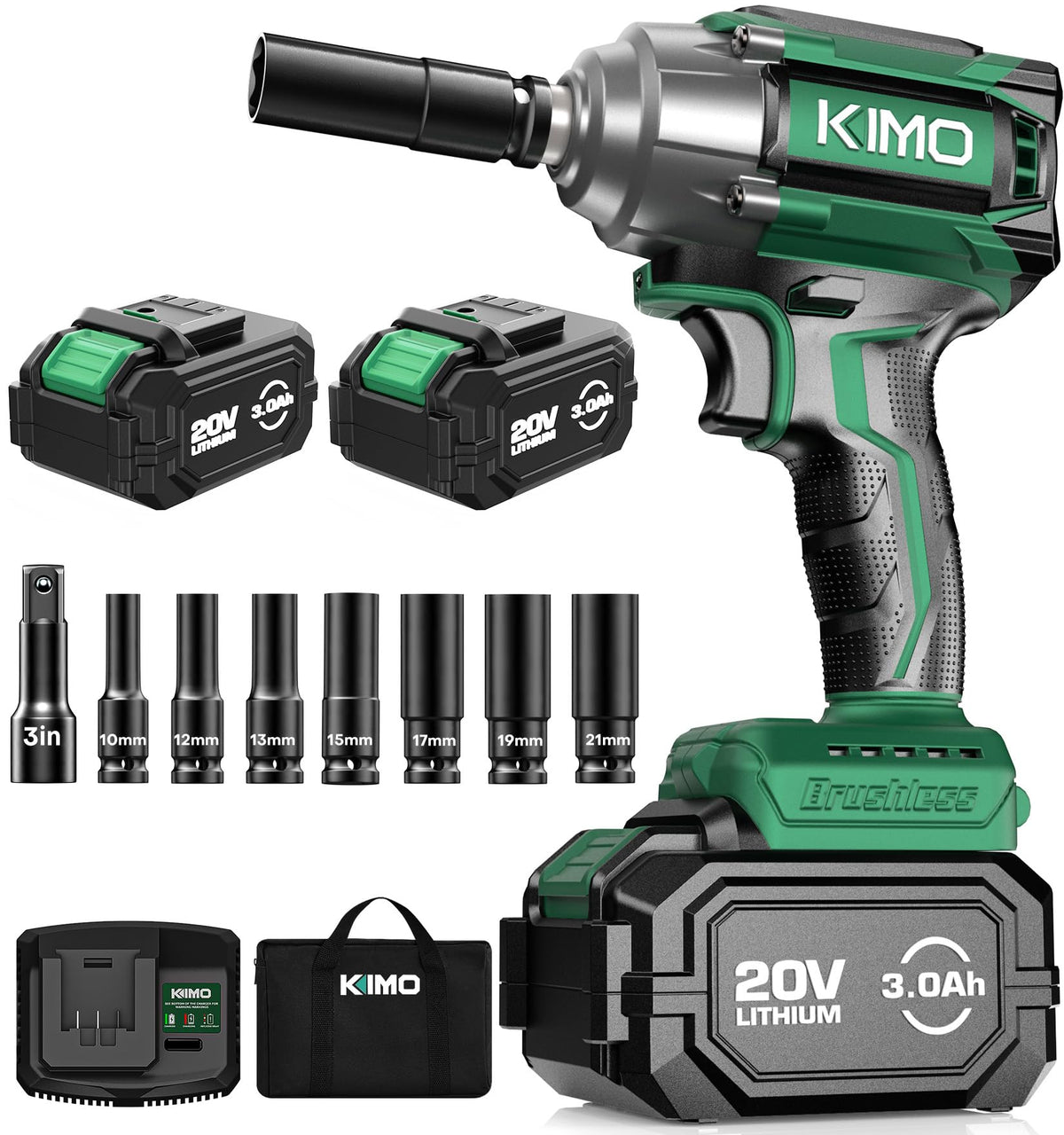 KIMO Cordless Impact Wrench, 3000 RPM & Max Torque 350 ft-lbs (475N.m), 1/2 Impact Gun with 2x 3000mAh Li-ion Battery, 1/2 Impact Driver w/7 Impact Sockets, 3 Inch Extension Bar, 1 Hour Fast Charger