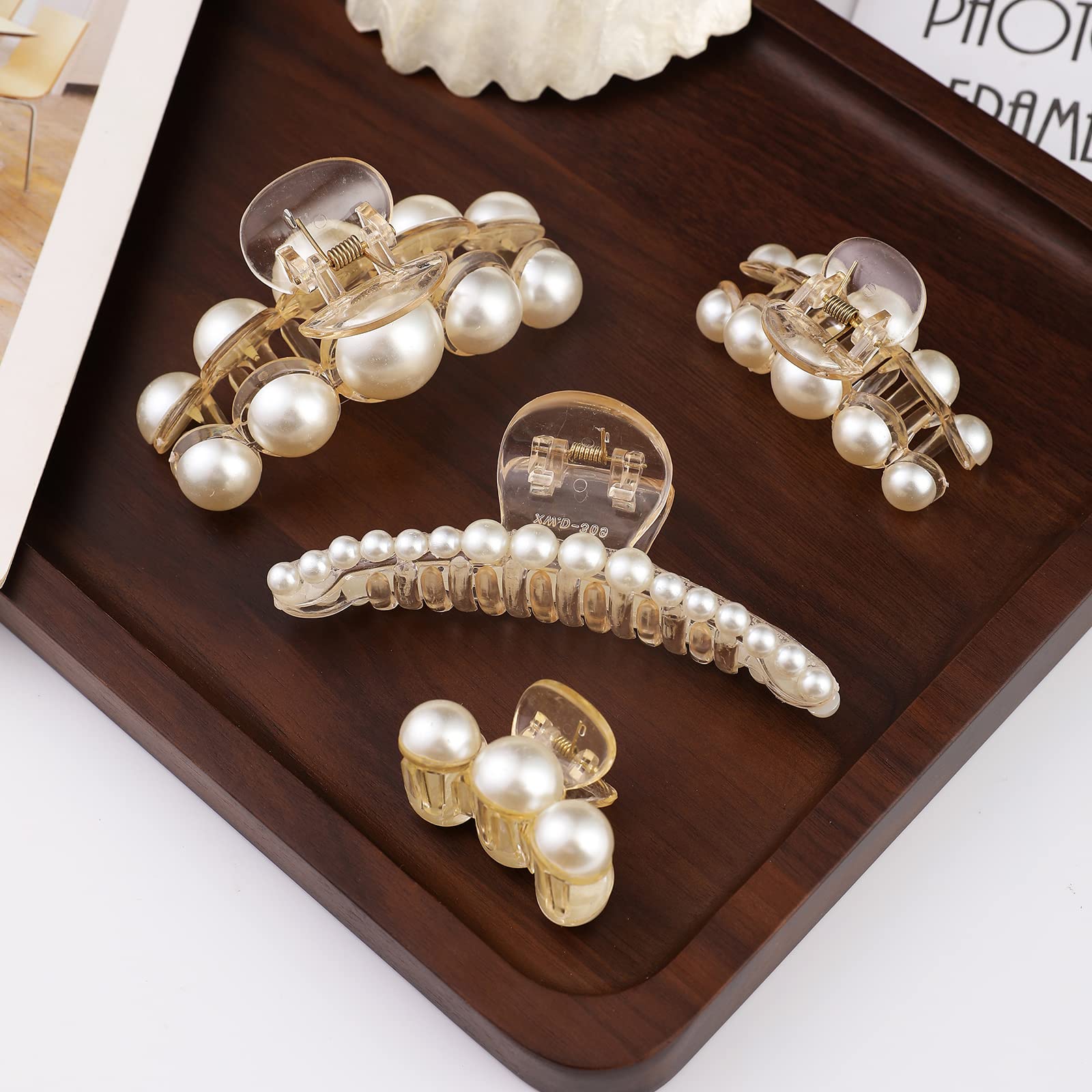 Mehayi 4 PCS Large Pearl Hair Claw Clips for Women Girls, Hair Barrette Clamps for Thick Thin Hair, Fashion Hair Accessories Headwear Styling Tools for Party Wedding