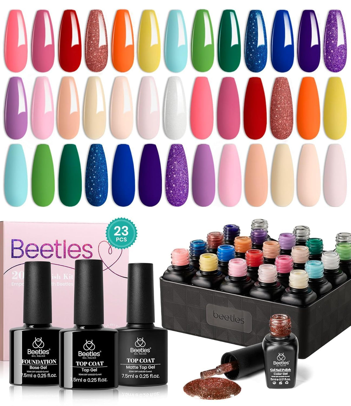 beetles Gel Polish Set 23Pcs Summer Gel Nail Polish Pink Green Orange Glitter Gel Polish Kit with Base Glossy and Matte Top Coat Pastel Manicure Kit Soak Off Uv Led Gifts for Women