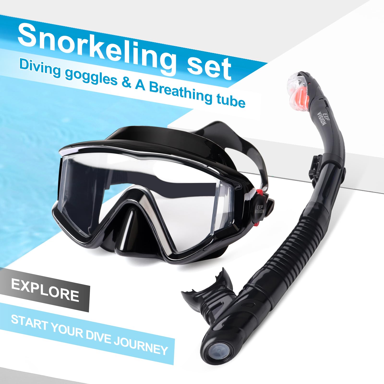 Snorkel Set Pano 3 Window Adult Snorkeling Gear, Professional Anti-Fog Snorkel Diving Mask, Anti-Leak Swim Goggles and Dry Top Snorkel for Scuba Diving, Snorkeling, Swimming (Black)