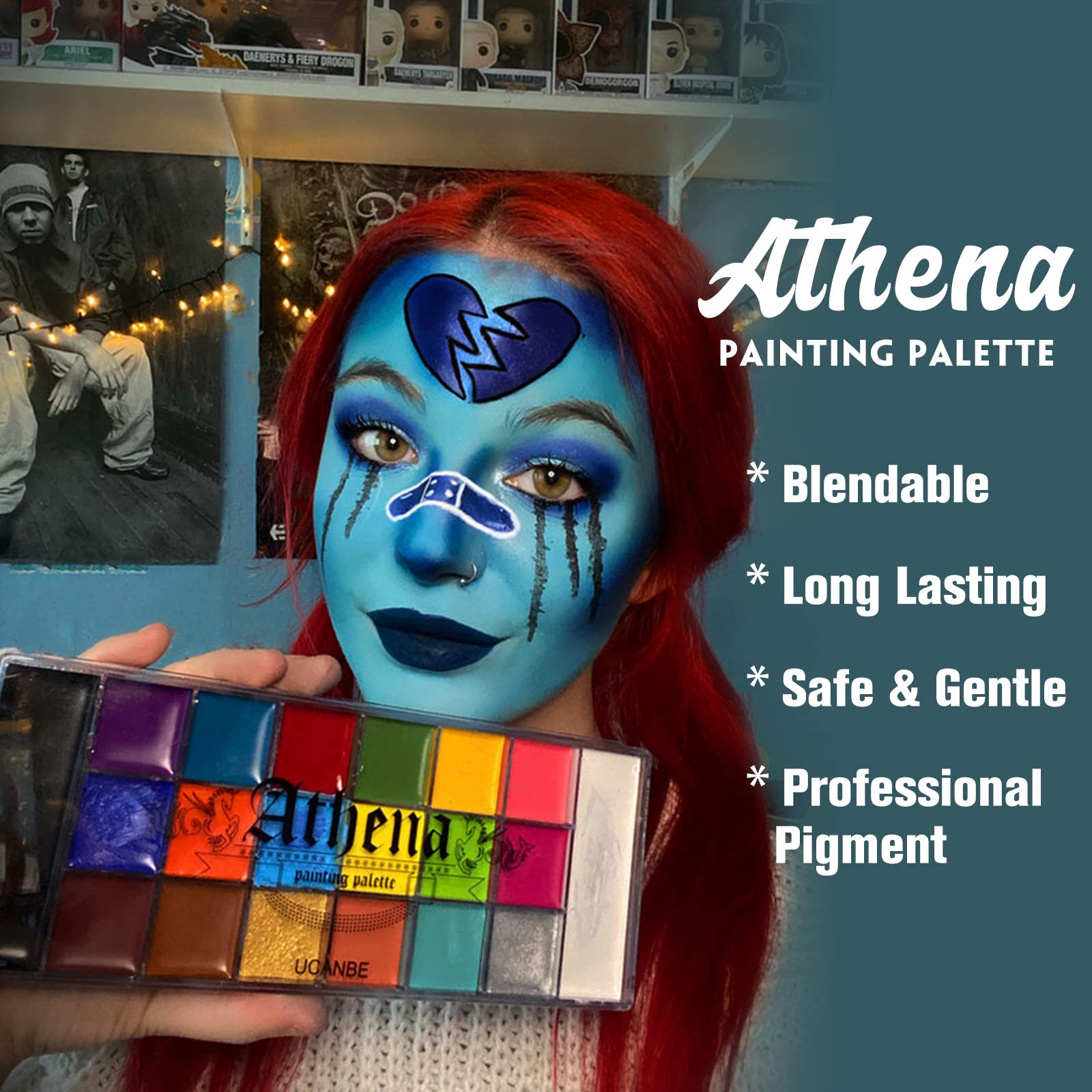 UCANBE Athena Face Body Painting Kit - 20 Color Large Deep Pan Paint, 24 Stencils, 2pcs Brushes, Professional Oil Based SFX Makeup Palette for Art, Theater, Halloween, Parties and Cosplay