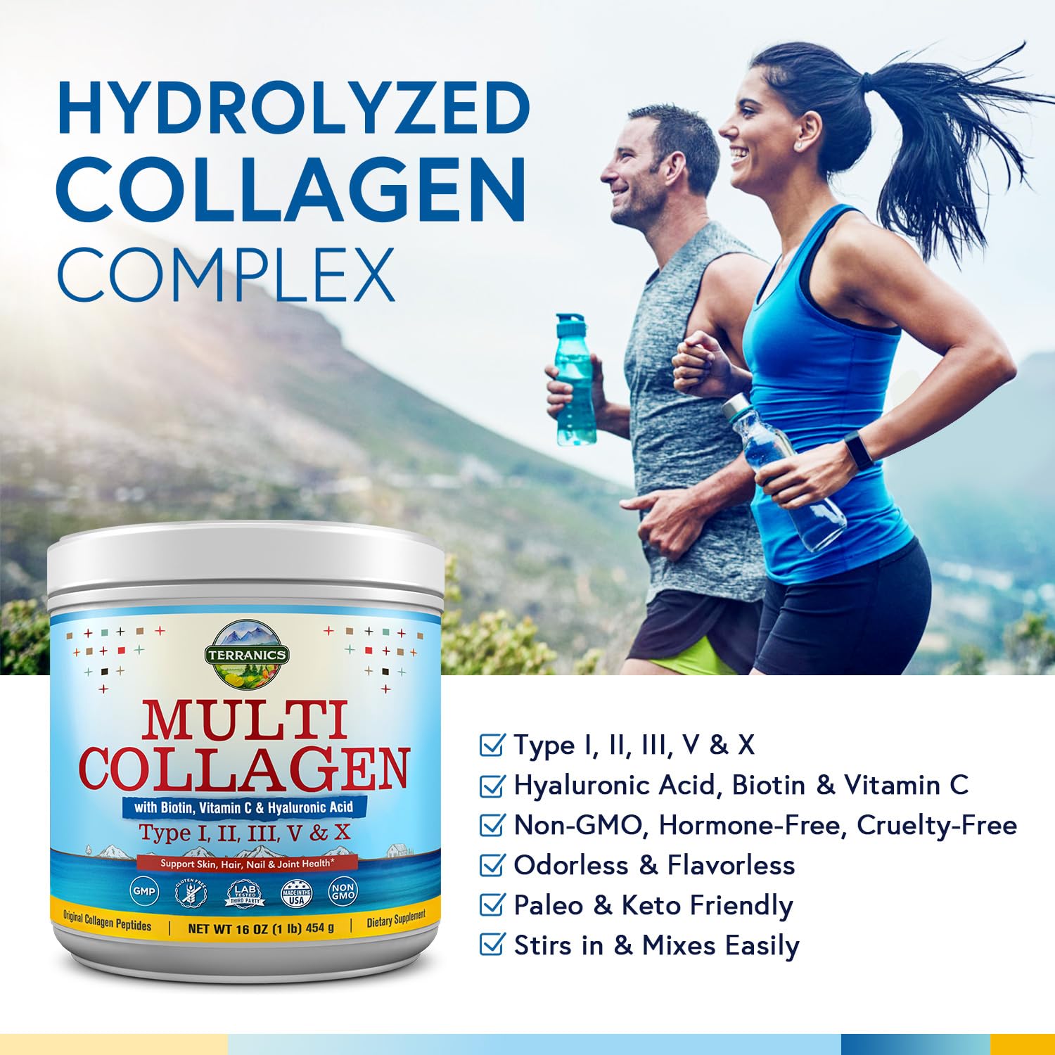 Terranics Multi Collagen Powder Type I II II V X with Biotin VC Hyaluronic Acid, Paleo & Keto Friendly, Skin Hair Nail & Joint Support, Bovine Marine Chicken & Eggshell, Unflavored