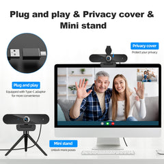 Nisheng 4K Webcam with Microphone, 4K Autofocus Web Camera with Privacy Cover and Tripod,Plug and Play,USB Webcam for Laptop PC,Pro Streaming/Video Recording/Calling Conferencing/Online Classes
