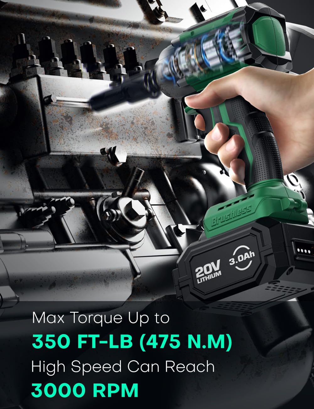 KIMO Cordless Impact Wrench, 3000 RPM & Max Torque 350 ft-lbs (475N.m), 1/2 Impact Gun with 2x 3000mAh Li-ion Battery, 1/2 Impact Driver w/7 Impact Sockets, 3 Inch Extension Bar, 1 Hour Fast Charger