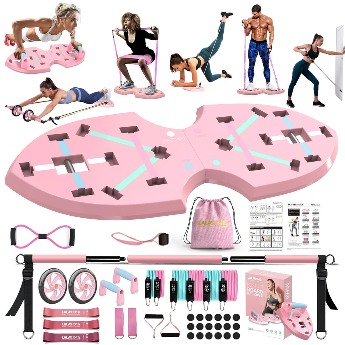 LALAHIGH Home Workout Equipment for Women, Multifunction Push Up Board, Portable Home Gym System with Resistance Bands,Ab Roller Wheel, and 20 Gym Accessories, Professional Strength Training Exercise