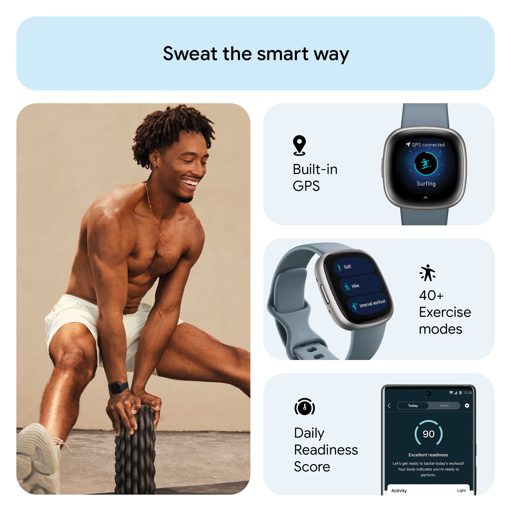 Fitbit Versa 4 Fitness Smartwatch with Daily Readiness, GPS, 24/7 Heart Rate, 40+ Exercise Modes, Sleep Tracking and more, Waterfall Blue/Platinum, One Size (S & L Bands Included)