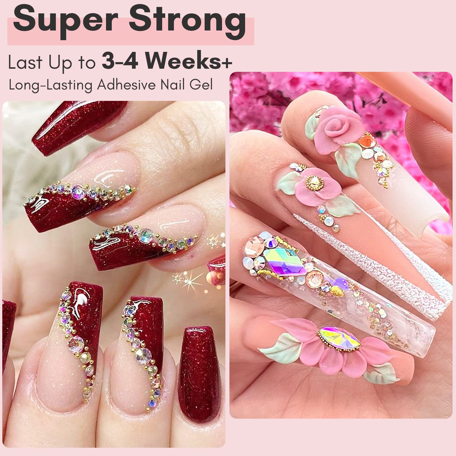 Makartt Nail Rhinestone Glue for Nails, Super Strong Gel Nail Glue for Nail Charm 3D Nails Bling Gel for Mother's Day Decoration Gem Nail Art Jewel Diamonds 30ML Cured Need Beauty Gift