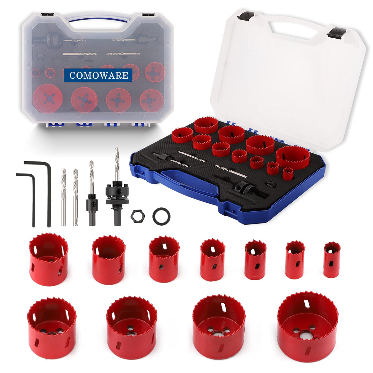 COMOWARE Bi-Metal Hole Saw Kit for Metal Wood PVC Board - 3/4" to 2-1/2" Set with 2 Mandrels & Spare Pilot Drill, 19 Pcs