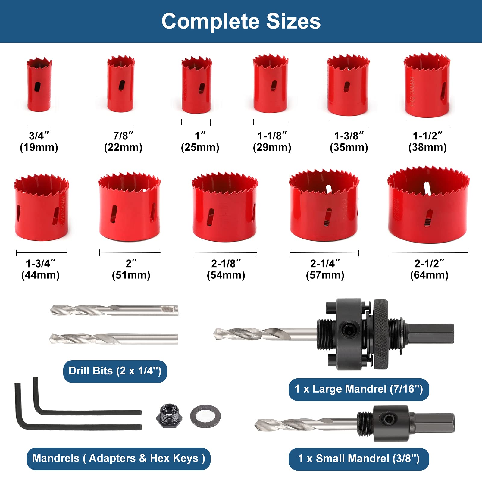 COMOWARE Bi-Metal Hole Saw Kit for Metal Wood PVC Board - 3/4" to 2-1/2" Set with 2 Mandrels & Spare Pilot Drill, 19 Pcs