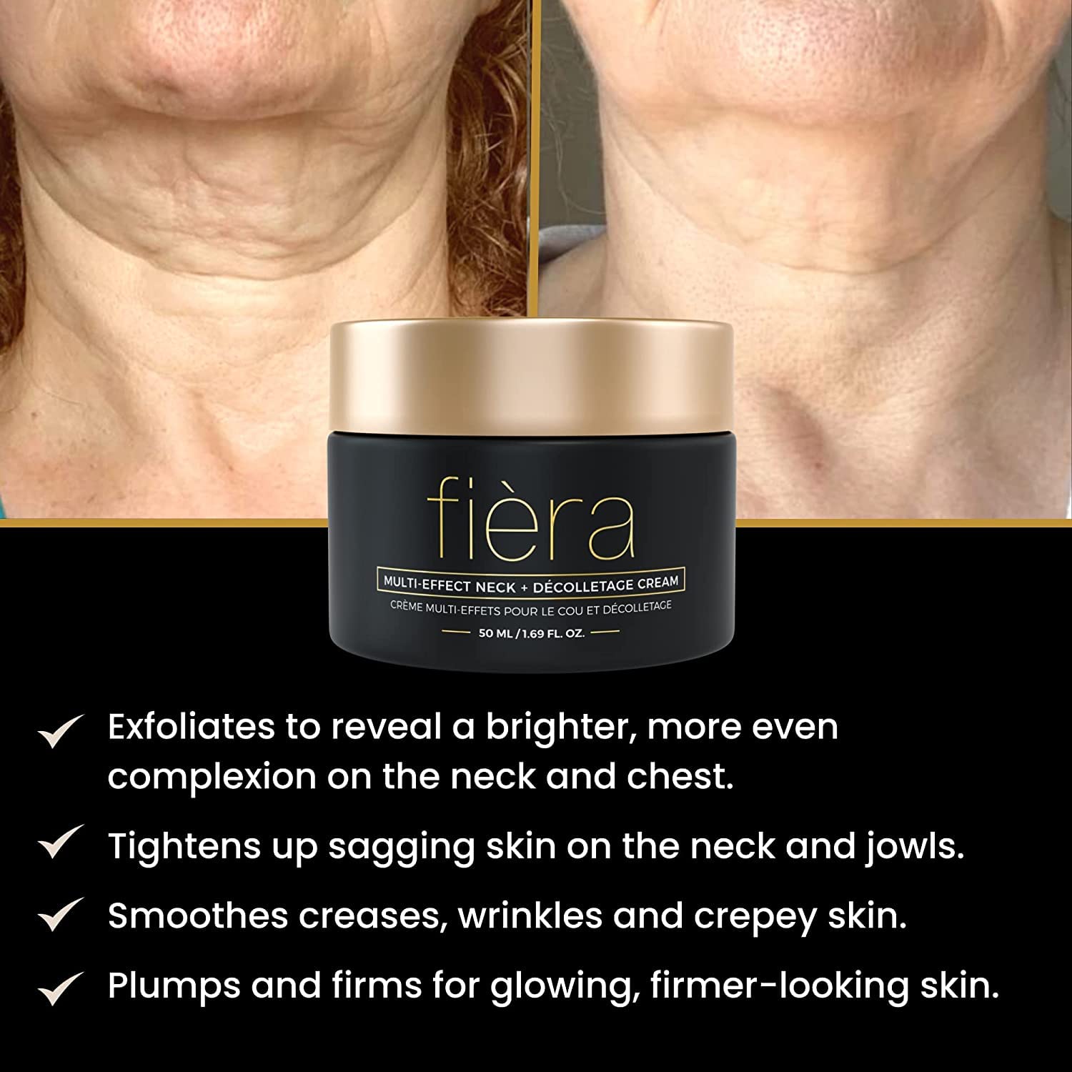 FIÈRA Neck Firming & Tightening Cream - Anti Aging Moisturizer for Neck - With Macadamia Oil, Hyaluronic Acid, Shea Butter - 1.69 FL. OZ. / 50 ML