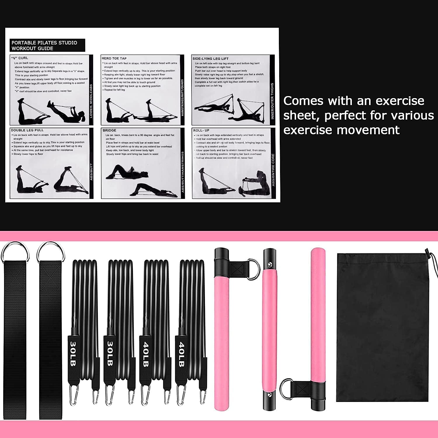 Bbtops Pilates Bar Kit with Resistance Bands(4 x Bands),3-Section Pilates Bar with Stackable Bands Workout Equipment for Legs,Hip,Waist and Arm (Pink(30lbs,40lbs)