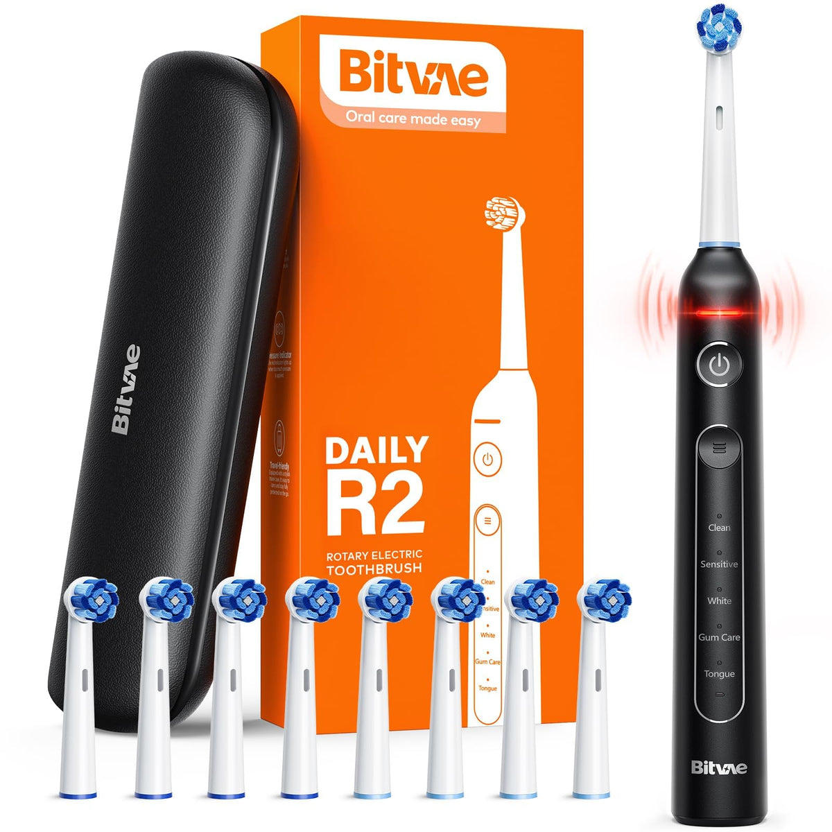 Bitvae R2 Rotating Electric Toothbrush for Adults with 8 Brush Heads, Travel Case, 5 Modes Rechargeable Power Toothbrush with Pressure Sensor, 3 Hours Fast Charge for 30 Days, Black